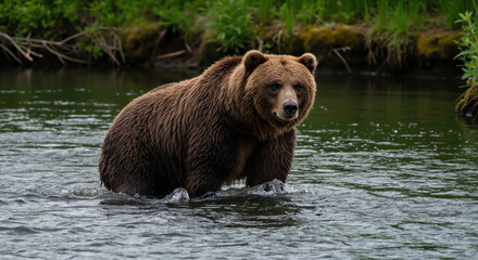 Brown bear standing in river water with forest background. Wild predator and large mammal for wildlife conservation and nature documentary services