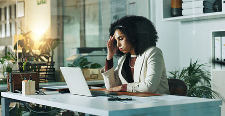 Business, headache and woman with laptop, tired and pain with health risk, deadline or fatigue....