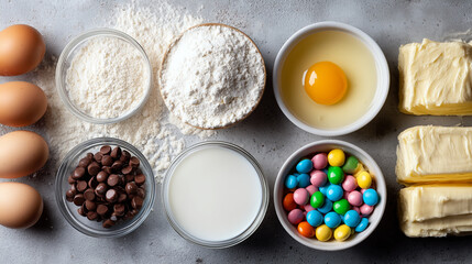 Ingredients for baking cookies - bowls with flour, cream, sugar, chocolate chips, colorful sprinkle, bars of butter and four eggs