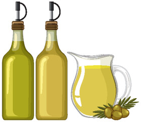 Olive Oil Bottles and Pitcher with Fresh Olives