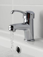A white bathroom sink and water flowing from faucet