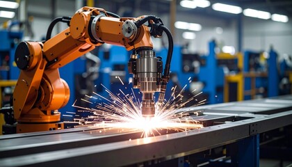 A robotic arm welding metal sheets on an automated assembly line, sparks flying.