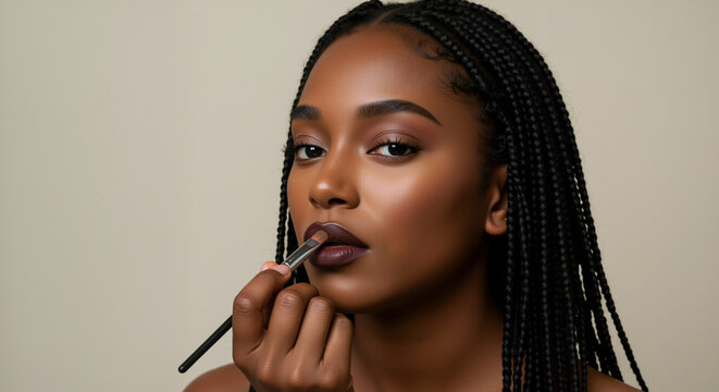 African american woman applying dark lipstick with brush. Lip makeup routine and cosmetic application for beauty treatments and lip enhancement procedures