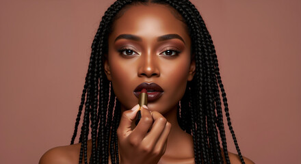 African american woman applying dark lipstick with golden tube on pink background. Professional lip makeup application technique. Beauty content for makeup tutorials and cosmetic courses