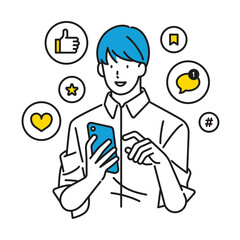 イラスト素材：スマホを見ながら、SNSから届く絵文字リアクションに反応している男性