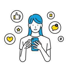 イラスト素材：スマホを見ながら、SNSから届く絵文字リアクションに反応している女性