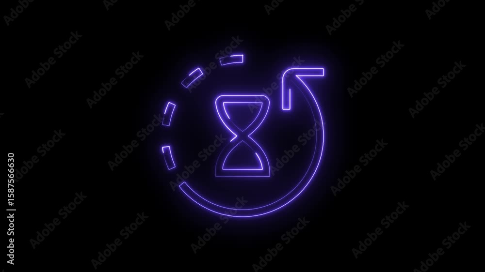Poster neon hourglass rotating with dashed circle animation on black background for technology