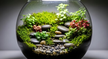 Small Glass Terrarium with Green and Red Plants and Smooth Stones on Gray Background