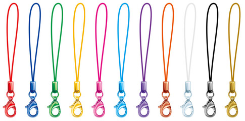 カニカン付き携帯松葉ストラップのカラフルな金具のベクター素材イラストカラーバリエーションセット(Vector Set of Cell Phone Straps with Colorful Lobster Clasps – Color Variations)