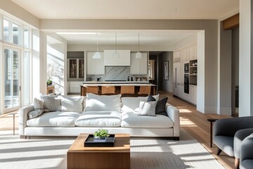 Fototapeta premium Interior shot of a spacious, modern home with open living and kitchen area, soft palette