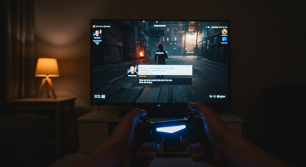 a person is playing a video game on a large television screen in a dimly lit room. the player is holding a game controller and focused on the action in the game. the scene shows leisure and entertainm