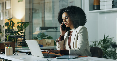 Phone call, laptop and typing with business woman in office for risk assessment, policy or communication. File claim, insurance application and underwriter contact with person for inspection report