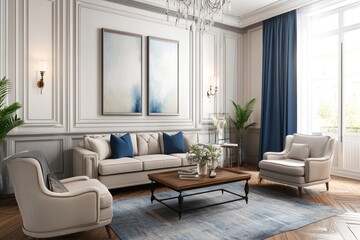 Interior design render of stylish living room, soft color palette, parquet floor, blue accents