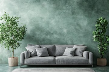 Interior design mockup with minimalist gray couch, sage green plaster wall and ficus plant