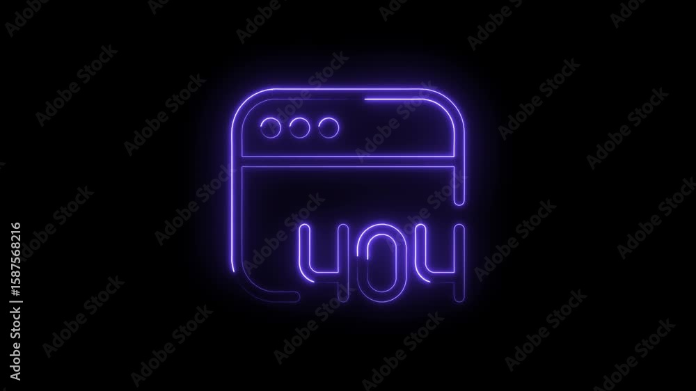 Poster glowing purple neon 404 error message page not found concept on black background animation