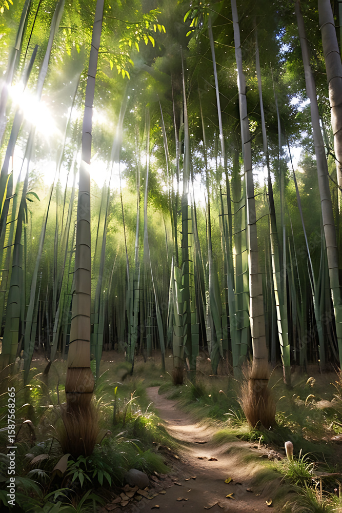 Poster sunbeams filter through a dense bamboo forest, illuminating a winding path below.