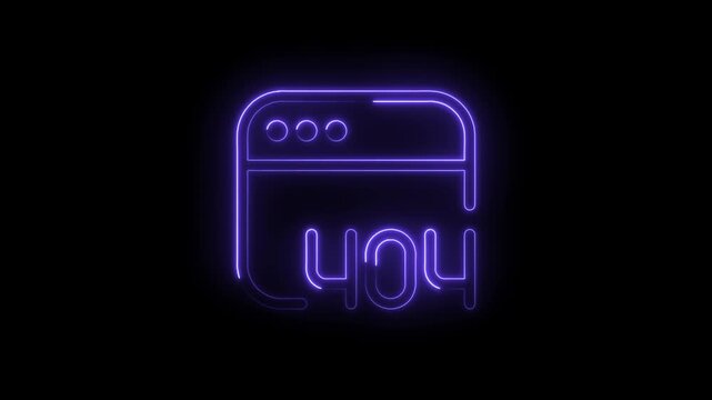 Glowing purple neon 404 error message page not found concept on black background animation - Powered by Adobe