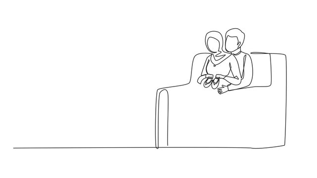 Animation of self drawing animation of single continuous line drawing Arab pregnant woman sitting in cafe and using laptop. Freelance work. Working as freelancer during pregnancy. Full length motion