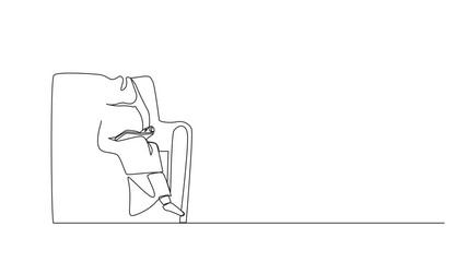 Self drawing animation of single continuous line drawing pregnant Arabian woman sitting on sofa, reading book and drinking tea. Cozy evening with hot drink. Outside the winter. Full length animated - Powered by Adobe