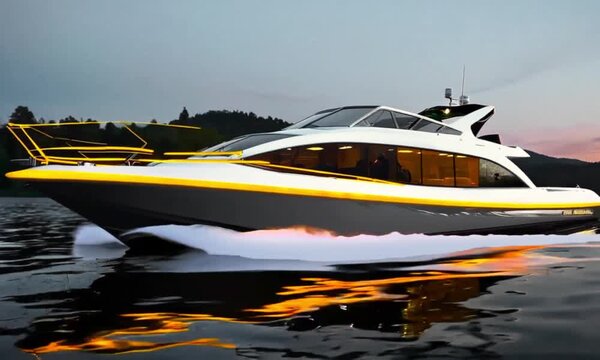 A luxurious yacht with a sleek design, featuring golden accents and a modern, futuristic appearance. The yacht is floating on calm waters, with a beautiful sunset in the background