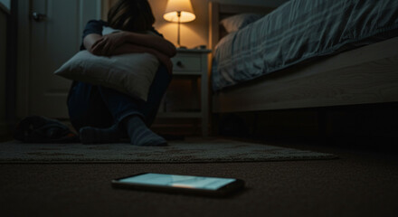 A woman sits on the floor at night, hugging a pillow, with her phone nearby. She looks sad and lonely, possibly experiencing depression or mental health issues in a dark bedroom setting. 