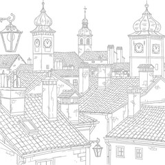 Fototapeta premium Rooftop View of European Town with Towers and Chimneys