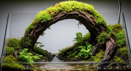 Fototapeta premium Miniature Nature Scene with Moss Covered Log Arch and Green Plants in Glass Terrarium