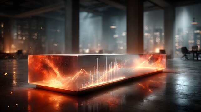 Illuminated high rise buildings in a modern city skyline with a transparent display showcasing real time data visualizations and financial analytics - Powered by Adobe