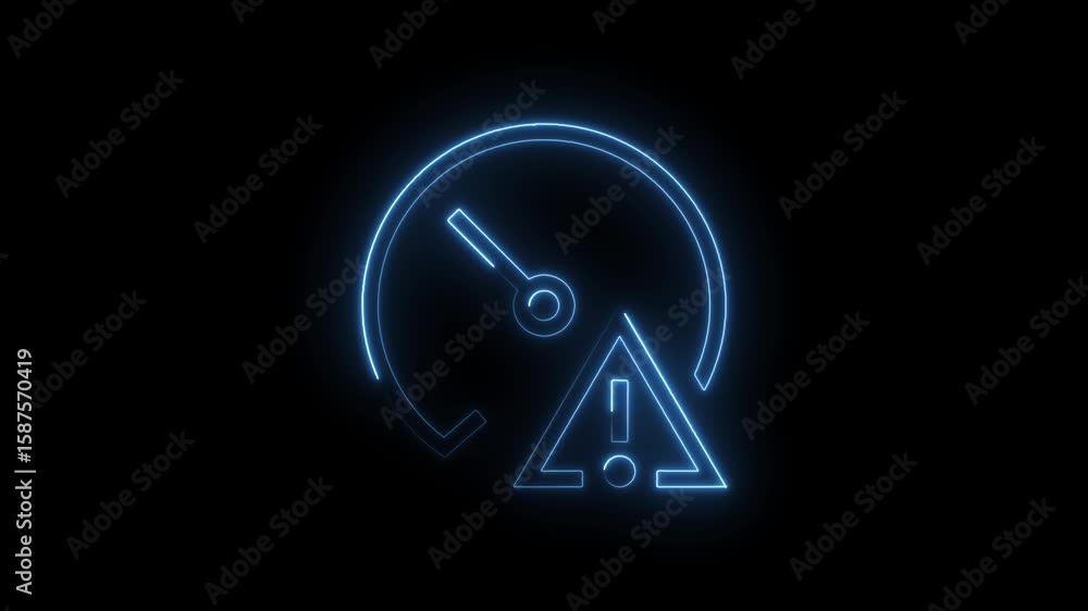Poster neon style speedometer and exclamation warning sign animation isolated on black background