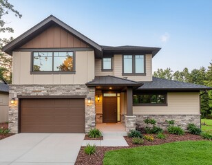 Modern Two Story Home Exterior with Stone and Tan Siding Brown Accents Landscaping and a Concrete Driveway on a Sunny Day with a
