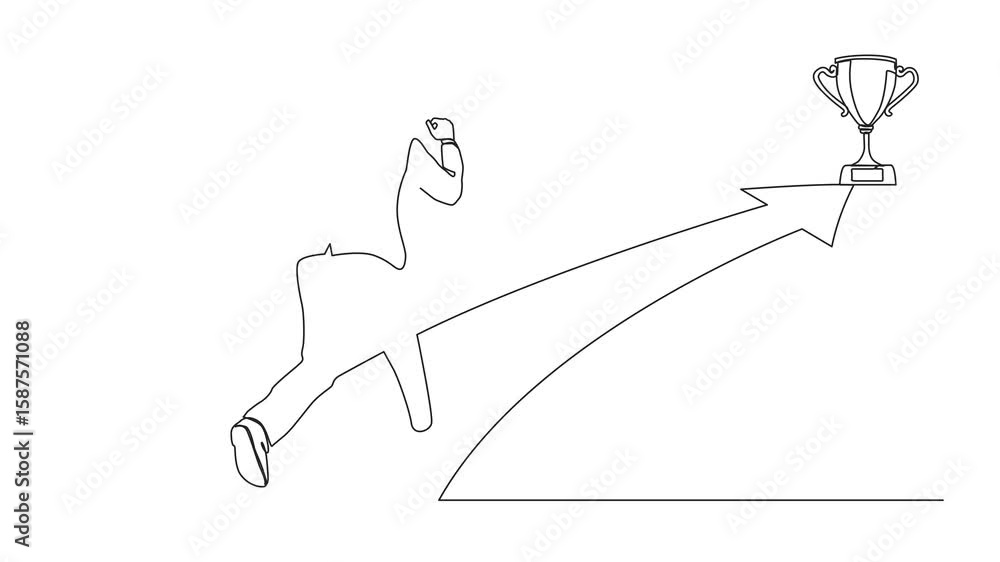Poster self drawing animation of single one line drawing businessman running on forward arrow to get trophy