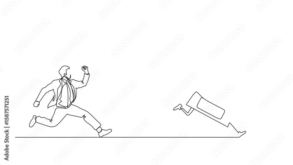 Poster self drawing animation of single continuous line drawing businessman trying to catch trophy. man run