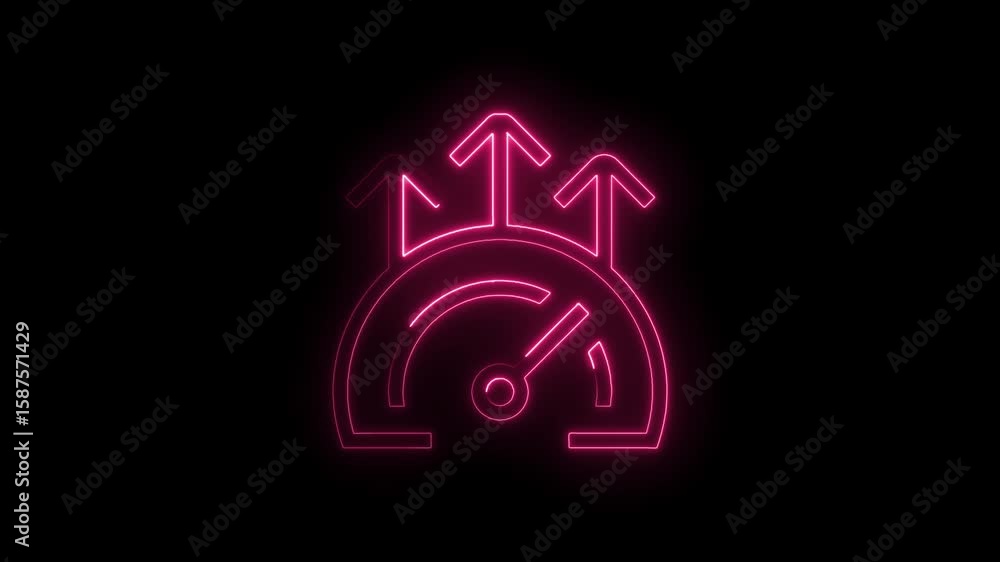 Poster neon speedometer with arrows rising performance indicator motion graphics on dark background