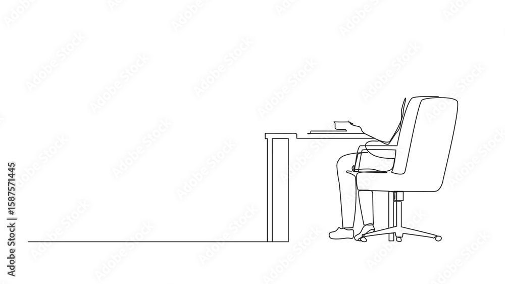 Poster self drawing animation of continuous one line drawing back view businessman works on computer. man s