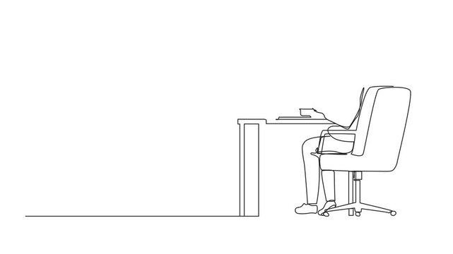 Self drawing animation of continuous one line drawing back view businessman works on computer. Man sitting on chair behind office desk. Business person working on monitor screen. Full length animated