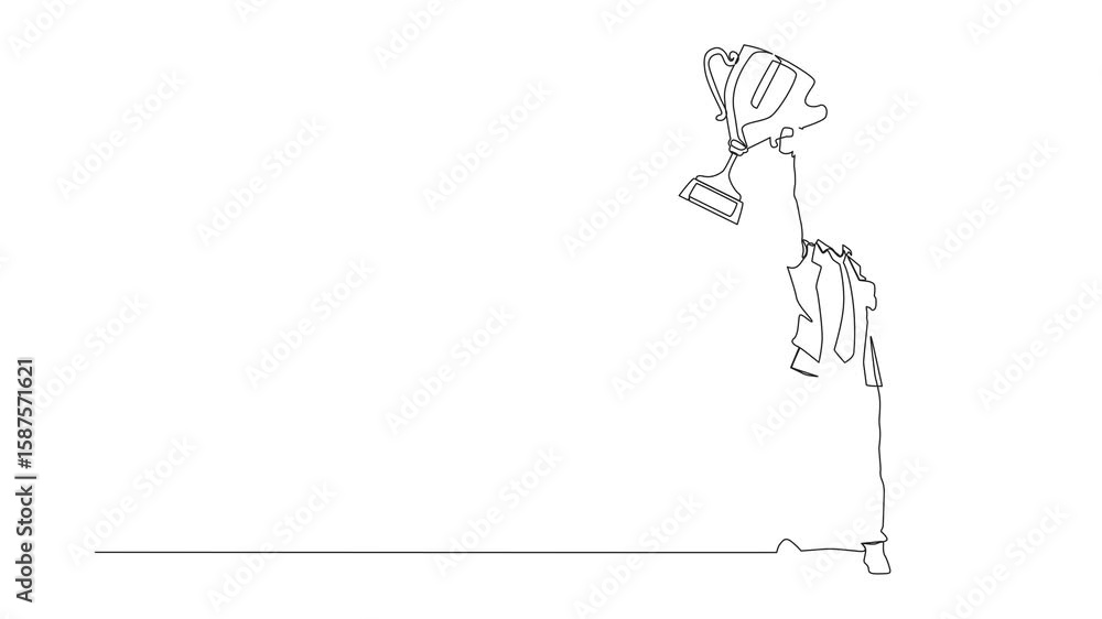 Poster animation of single continuous line drawing businessman with trophy standing with arms lifted in the