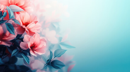 Obraz premium Soft pink flower bloom with blue leaves on light blue background creating calm and delicate atmosphere