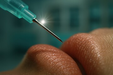 Closeup of needle poised against skin with sparkling highlight