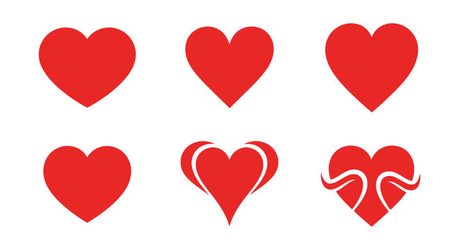 Set of Red Heart Icons: A collection of six vibrant red heart icons, each representing a unique design, perfect for conveying love, affection, and emotions.