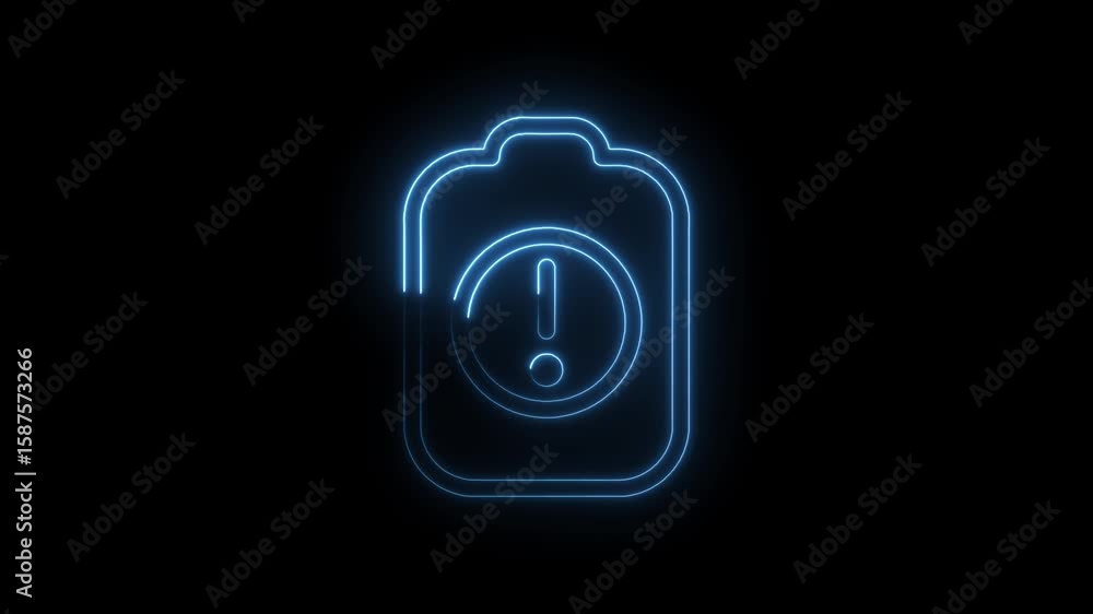 Poster neon style low battery warning icon on black background depicting power problem concept
