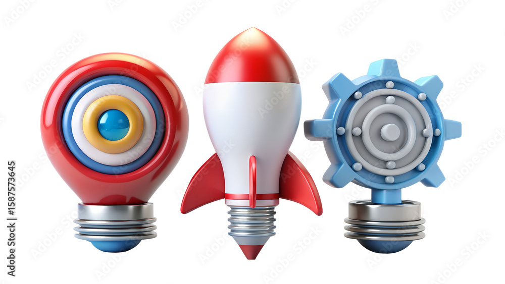 Fototapete creative idea generation with rocket startup and gear innovation on transparent background rendering