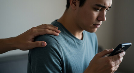 A teenager looks at his phone with a worried expression, while a comforting hand rests on his shoulder. This image conveys support, empathy, and concern for mental health in the digital age.