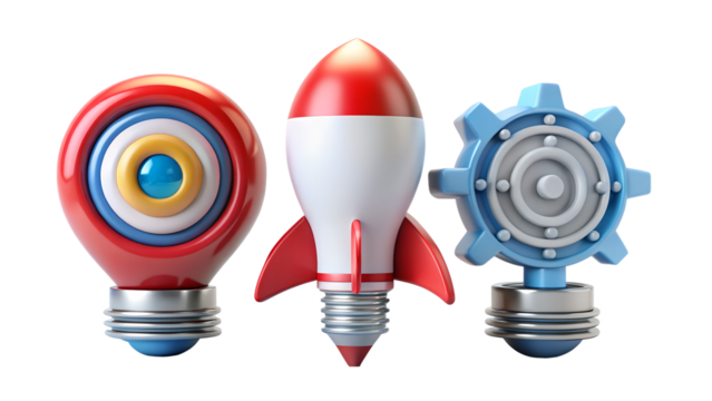 Creative Idea Generation with Rocket Startup and Gear Innovation on transparent background rendering lightbulb rocket gear representing creative ideas startups