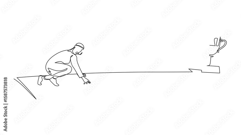 Poster animation of continuous one line drawing side view arab businessman ready to run to trophy at end of