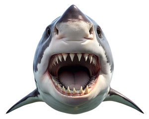 Close up of a great white shark with mouth open showing sharp teeth isolated on transparent background
