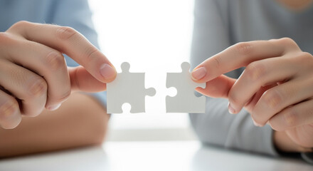 Close up view of two hands holding white pieces of jigsaw puzzle.
