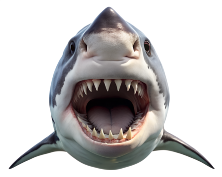 Close up of a great white shark with mouth open showing sharp teeth isolated on transparent background