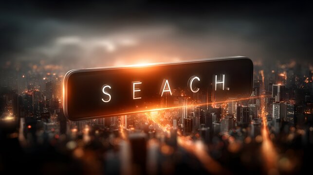 A vibrant futuristic cityscape at night with a glowing sign displaying the word  SEACH  against the backdrop of a dynamic interconnected urban landscape