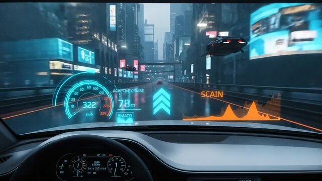 Futuristic Car HUD: Dynamic City Drive with Flying Cars.