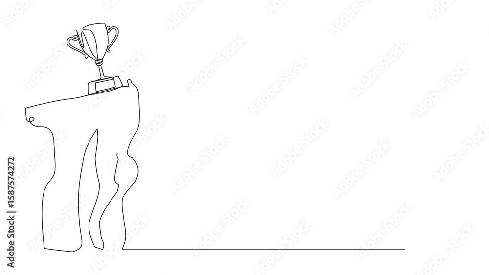 Poster animation of single continuous line drawing climber hanging on rope and pulling himself on top of ro